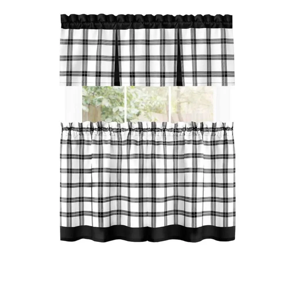 PowerSellerUSA Semi-Sheer Two-Tone Modern Kitchen Curtain with Classic Plaid